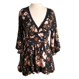 Babydoll Floral Blouse V-Neck Bell Sleeve Boho Size PM